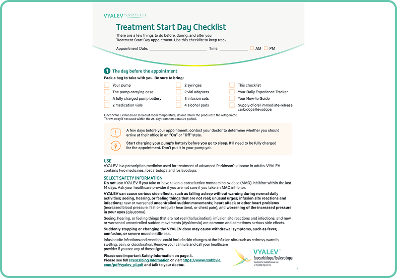 VYALEV™ treatment start day checklist.